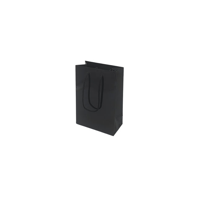 Pungă NEAGRĂ din hârtie premium cu mânere din șnur textil 15 x 22(H) x 8cm