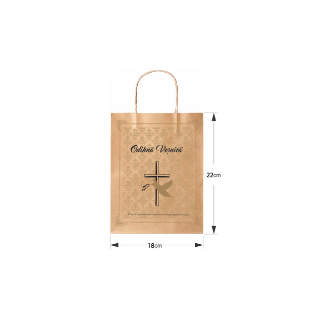 Pungă hârtie kraft NATUR pentru parastas, pomană, înmormântare „Porumbel Auriu” Odihnă Veşnică – mânere răsucite – 18 x 22(H) x 8 cm