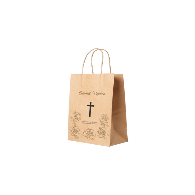 Pungă hârtie kraft NATUR pentru parastas, pomană, înmormântare „Trandafirii Aurii” Odihnă Veşnică – mânere răsucite – 18 x 22(H) x 8 cm