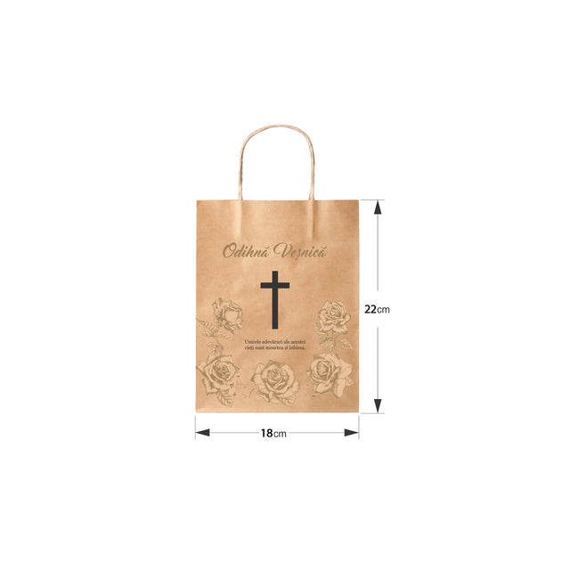 Pungă hârtie kraft NATUR pentru parastas, pomană, înmormântare „Trandafirii Aurii” Odihnă Veşnică – mânere răsucite – 18 x 22(H) x 8 cm