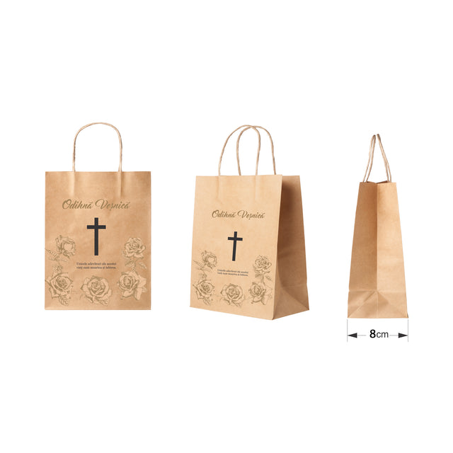 Pungă hârtie kraft NATUR pentru parastas, pomană, înmormântare „Trandafirii Aurii” Odihnă Veşnică – mânere răsucite – 18 x 22(H) x 8 cm