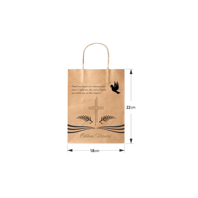Pungă hârtie kraft NATUR pentru parastas, pomană, înmormântare „Porumbel Ceresc” Odihnă Veşnică – mânere răsucite – 18 x 22(H) x 8 cm