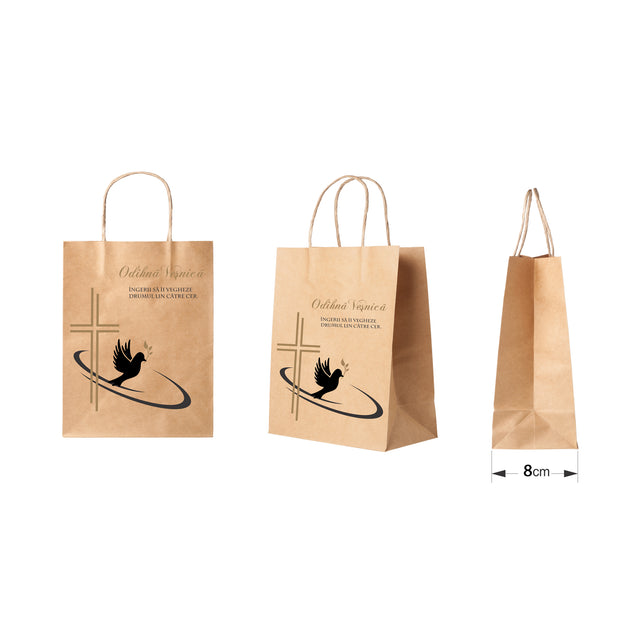 Pungă hârtie kraft NATUR pentru parastas, pomană, înmormântare „Drumul Spre Cer” Odihnă Veşnică – mânere răsucite – 18 x 22(H) x 8 cm