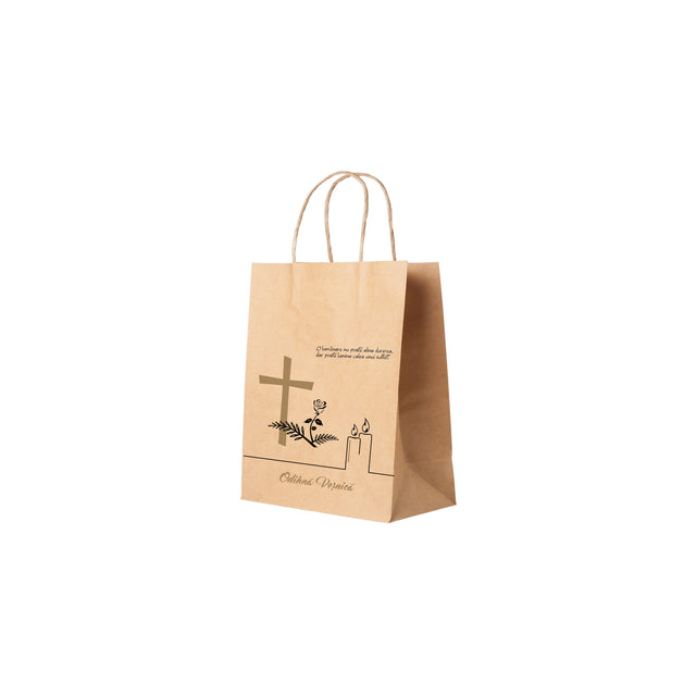 Pungă hârtie kraft NATUR pentru parastas, pomană, înmormântare „Lumânare şi Trandafir” Odihnă Veşnică – mânere răsucite – 18 x 22(H) x 8 cm