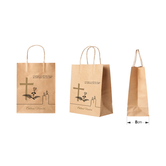 Pungă hârtie kraft NATUR pentru parastas, pomană, înmormântare „Lumânare şi Trandafir” Odihnă Veşnică – mânere răsucite – 18 x 22(H) x 8 cm