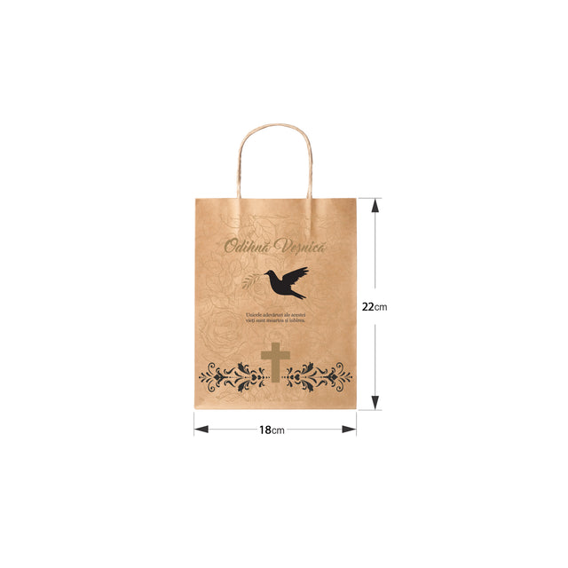 Pungă hârtie kraft NATUR pentru parastas, pomană, înmormântare „Porumbel cu Trandafiri” Odihnă Veşnică – mânere răsucite – 18 x 22(H) x 8 cm