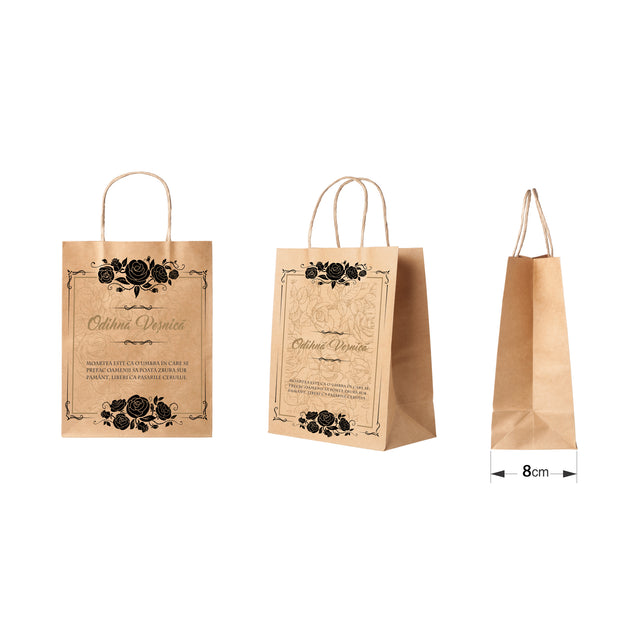 Pungă hârtie kraft NATUR pentru parastas, pomană, înmormântare „Trandafiri Negri” Odihnă Veşnică – mânere răsucite – 18 x 22(H) x 8 cm