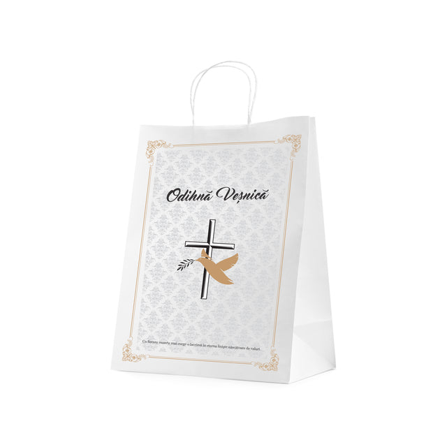 Pungă hârtie kraft ALB pentru parastas, pomană, înmormântare „Porumbel Auriu” Odihnă Veşnică – mânere răsucite – 26 x 35(H) x 12 cm