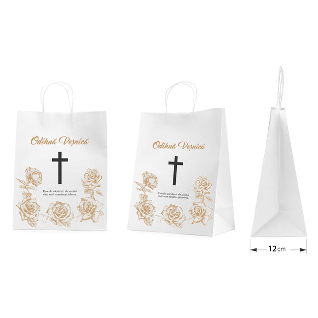 Pungă hârtie kraft ALB pentru parastas, pomană, înmormântare „Trandafirii Aurii” Odihnă Veşnică – mânere răsucite – 26 x 35(H) x 12 cm
