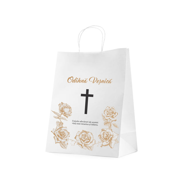 Pungă hârtie kraft ALB pentru parastas, pomană, înmormântare „Trandafirii Aurii” Odihnă Veşnică – mânere răsucite – 26 x 35(H) x 12 cm