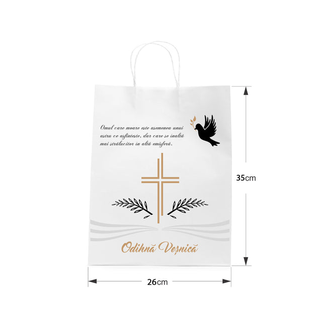 Pungă hârtie kraft ALB pentru parastas, pomană, înmormântare „Porumbel Ceresc” Odihnă Veşnică – mânere răsucite – 26 x 35(H) x 12 cm