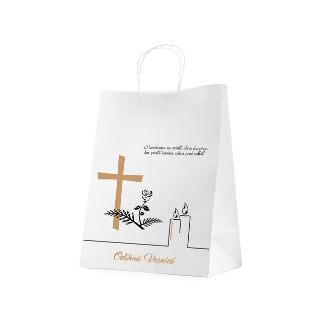 Pungă hârtie kraft ALB pentru parastas, pomană, înmormântare „Lumânare şi Trandafir” Odihnă Veşnică – mânere răsucite – 26 x 35(H) x 12 cm