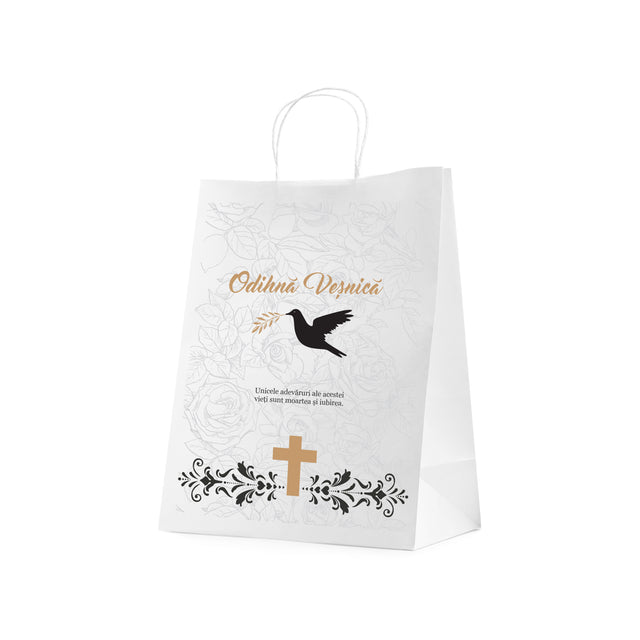 Pungă hârtie kraft ALB pentru parastas, pomană, înmormântare „Porumbel cu Trandafiri” Odihnă Veşnică – mânere răsucite – 26 x 35(H) x 12 cm