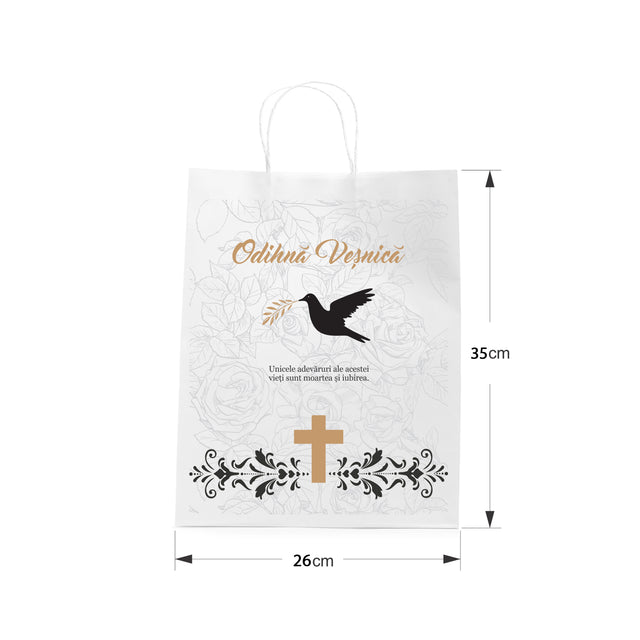 Pungă hârtie kraft ALB pentru parastas, pomană, înmormântare „Porumbel cu Trandafiri” Odihnă Veşnică – mânere răsucite – 26 x 35(H) x 12 cm