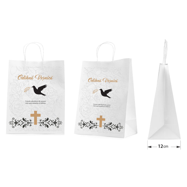 Pungă hârtie kraft ALB pentru parastas, pomană, înmormântare „Porumbel cu Trandafiri” Odihnă Veşnică – mânere răsucite – 26 x 35(H) x 12 cm