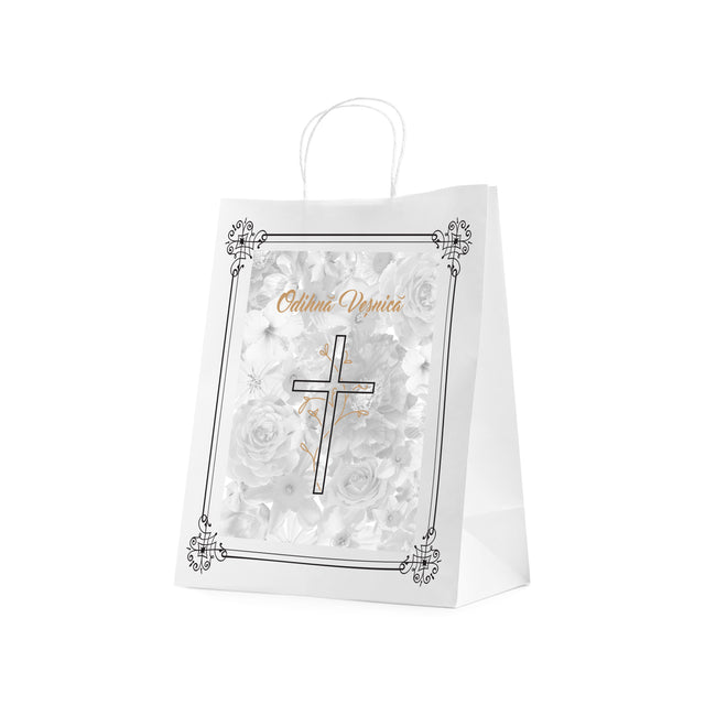 Pungă hârtie kraft ALB pentru parastas, pomană, înmormântare „Grădina Cerului” Odihnă Veşnică – mânere răsucite – 26 x 35(H) x 12 cm