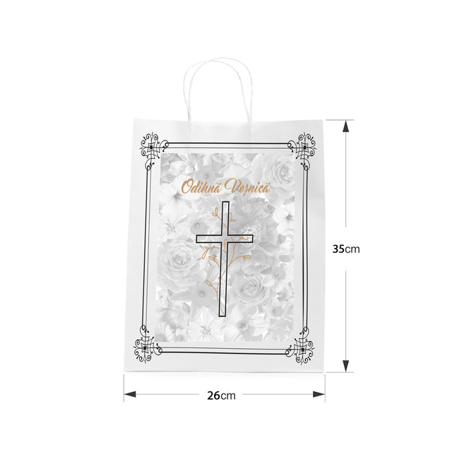 Pungă hârtie kraft ALB pentru parastas, pomană, înmormântare „Grădina Cerului” Odihnă Veşnică – mânere răsucite – 26 x 35(H) x 12 cm