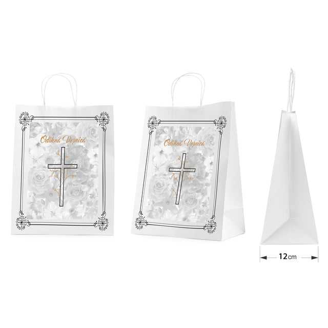 Pungă hârtie kraft ALB pentru parastas, pomană, înmormântare „Grădina Cerului” Odihnă Veşnică – mânere răsucite – 26 x 35(H) x 12 cm