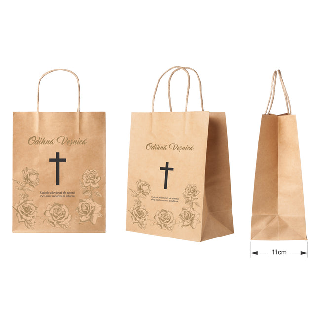 Pungă hârtie kraft NATUR pentru parastas, pomană, înmormântare „Trandafirii Aurii” Odihnă Veşnică – mânere răsucite – 27 x 36(H) x 11 cm