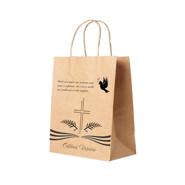 Pungă hârtie kraft NATUR pentru parastas, pomană, înmormântare „Porumbel Ceresc” Odihnă Veşnică – mânere răsucite – 27 x 36(H) x 11 cm