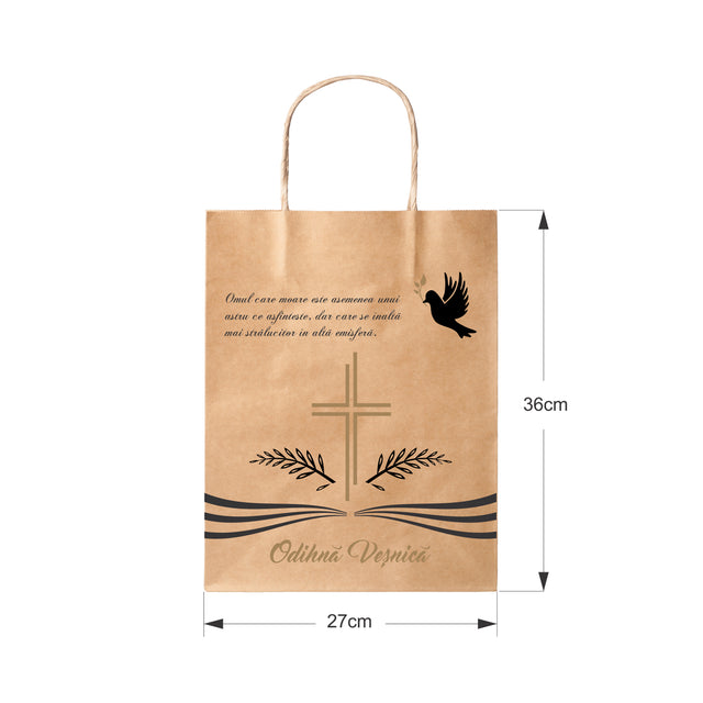 Pungă hârtie kraft NATUR pentru parastas, pomană, înmormântare „Porumbel Ceresc” Odihnă Veşnică – mânere răsucite – 27 x 36(H) x 11 cm