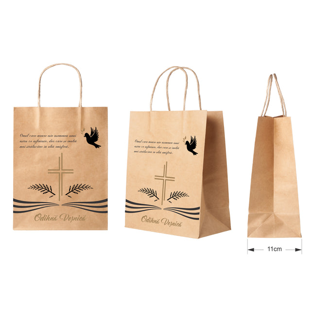 Pungă hârtie kraft NATUR pentru parastas, pomană, înmormântare „Porumbel Ceresc” Odihnă Veşnică – mânere răsucite – 27 x 36(H) x 11 cm