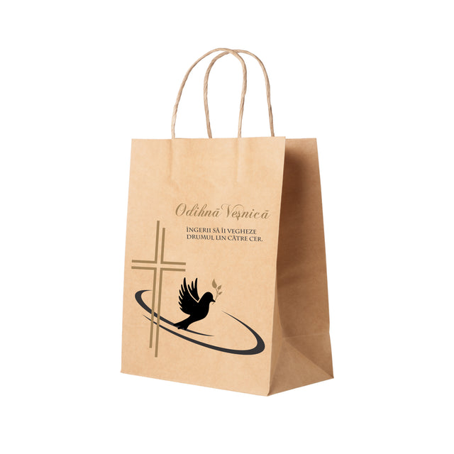 Pungă hârtie kraft NATUR pentru parastas, pomană, înmormântare „Drumul Spre Cer” Odihnă Veşnică – mânere răsucite – 27 x 36(H) x 11 cm