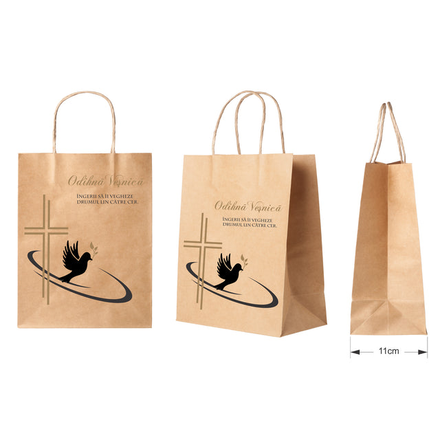 Pungă hârtie kraft NATUR pentru parastas, pomană, înmormântare „Drumul Spre Cer” Odihnă Veşnică – mânere răsucite – 27 x 36(H) x 11 cm