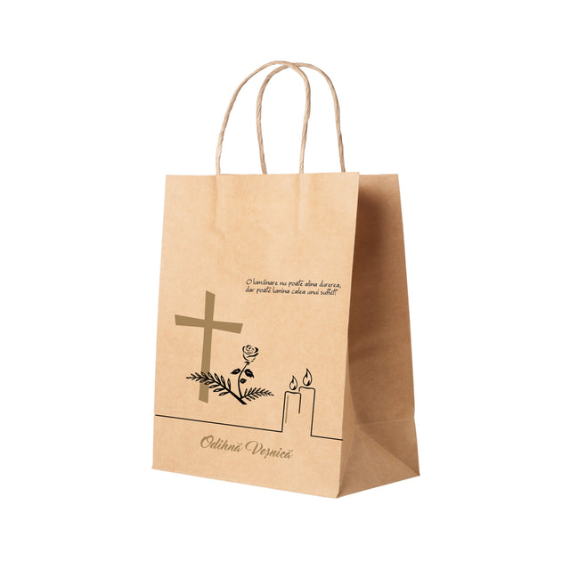 Pungă hârtie kraft NATUR pentru parastas, pomană, înmormântare „Lumânare şi Trandafir” Odihnă Veşnică – mânere răsucite – 27 x 36(H) x 11 cm