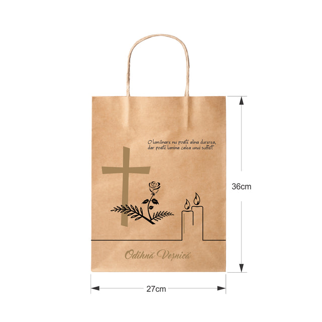 Pungă hârtie kraft NATUR pentru parastas, pomană, înmormântare „Lumânare şi Trandafir” Odihnă Veşnică – mânere răsucite – 27 x 36(H) x 11 cm