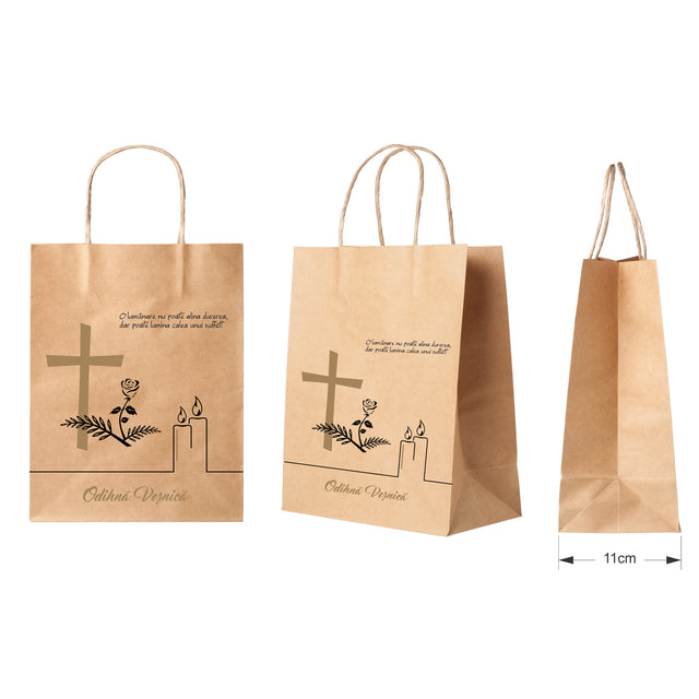 Pungă hârtie kraft NATUR pentru parastas, pomană, înmormântare „Lumânare şi Trandafir” Odihnă Veşnică – mânere răsucite – 27 x 36(H) x 11 cm