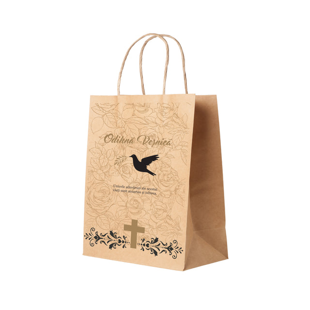 Pungă hârtie kraft NATUR pentru parastas, pomană, înmormântare „Porumbel cu Trandafiri” Odihnă Veşnică – mânere răsucite – 27 x 36(H) x 11 cm