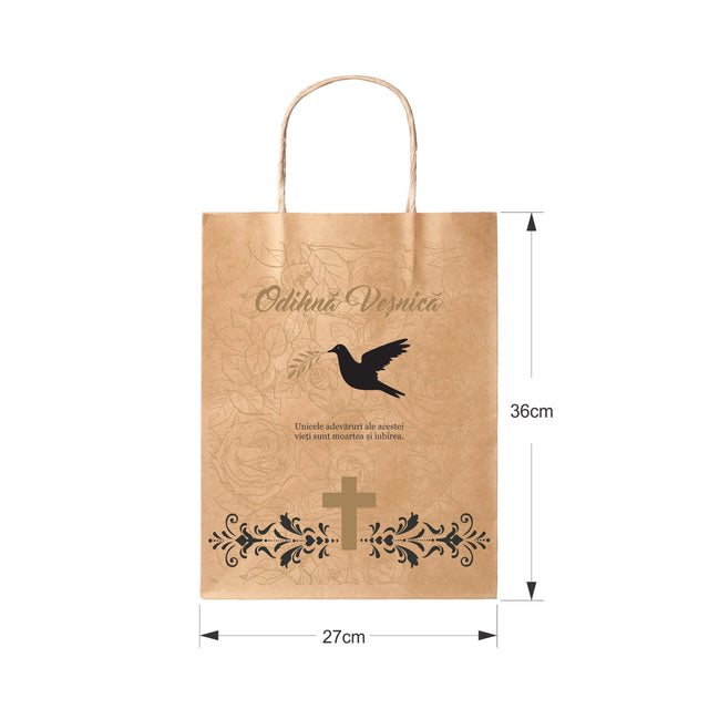Pungă hârtie kraft NATUR pentru parastas, pomană, înmormântare „Porumbel cu Trandafiri” Odihnă Veşnică – mânere răsucite – 27 x 36(H) x 11 cm