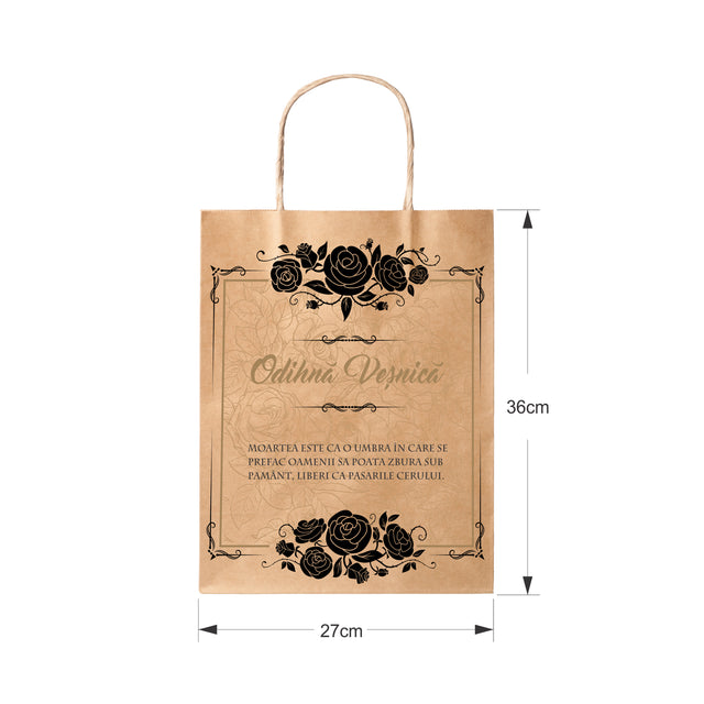Pungă hârtie kraft NATUR pentru parastas, pomană, înmormântare „Trandafiri Negri” Odihnă Veşnică – mânere răsucite – 27 x 36(H) x 11 cm