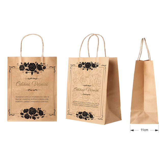Pungă hârtie kraft NATUR pentru parastas, pomană, înmormântare „Trandafiri Negri” Odihnă Veşnică – mânere răsucite – 27 x 36(H) x 11 cm