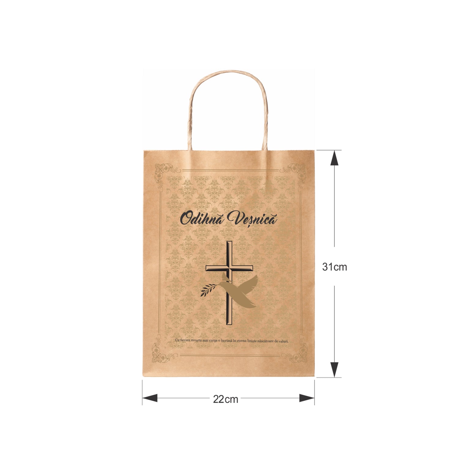 Pungă hârtie kraft NATUR pentru parastas, pomană, înmormântare „Porumbel Auriu” Odihnă Veşnică – mânere răsucite – 22 x 31(H) x 10 cm
