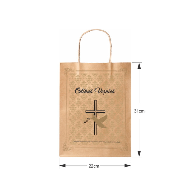 Pungă hârtie kraft NATUR pentru parastas, pomană, înmormântare „Porumbel Auriu” Odihnă Veşnică – mânere răsucite – 22 x 31(H) x 10 cm