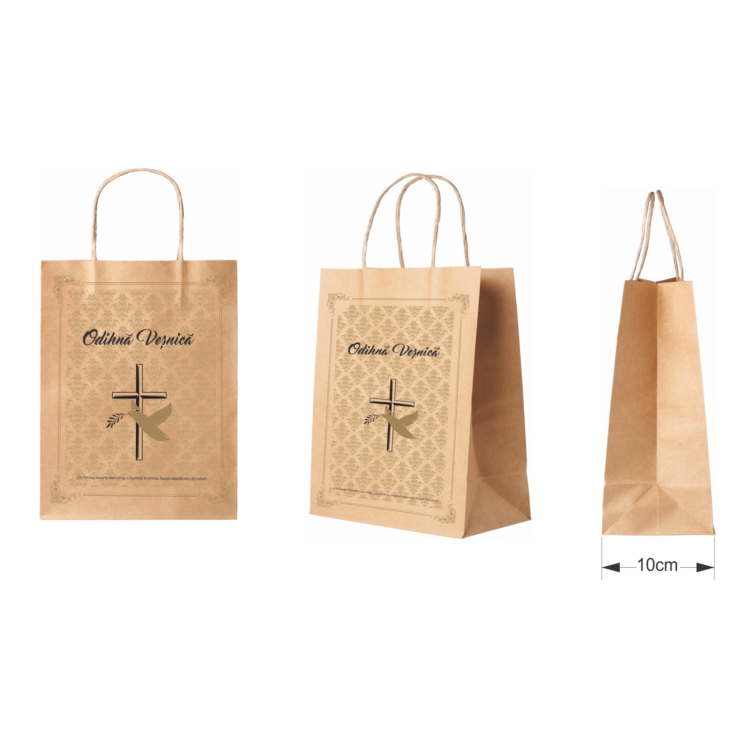 Pungă hârtie kraft NATUR pentru parastas, pomană, înmormântare „Porumbel Auriu” Odihnă Veşnică – mânere răsucite – 22 x 31(H) x 10 cm