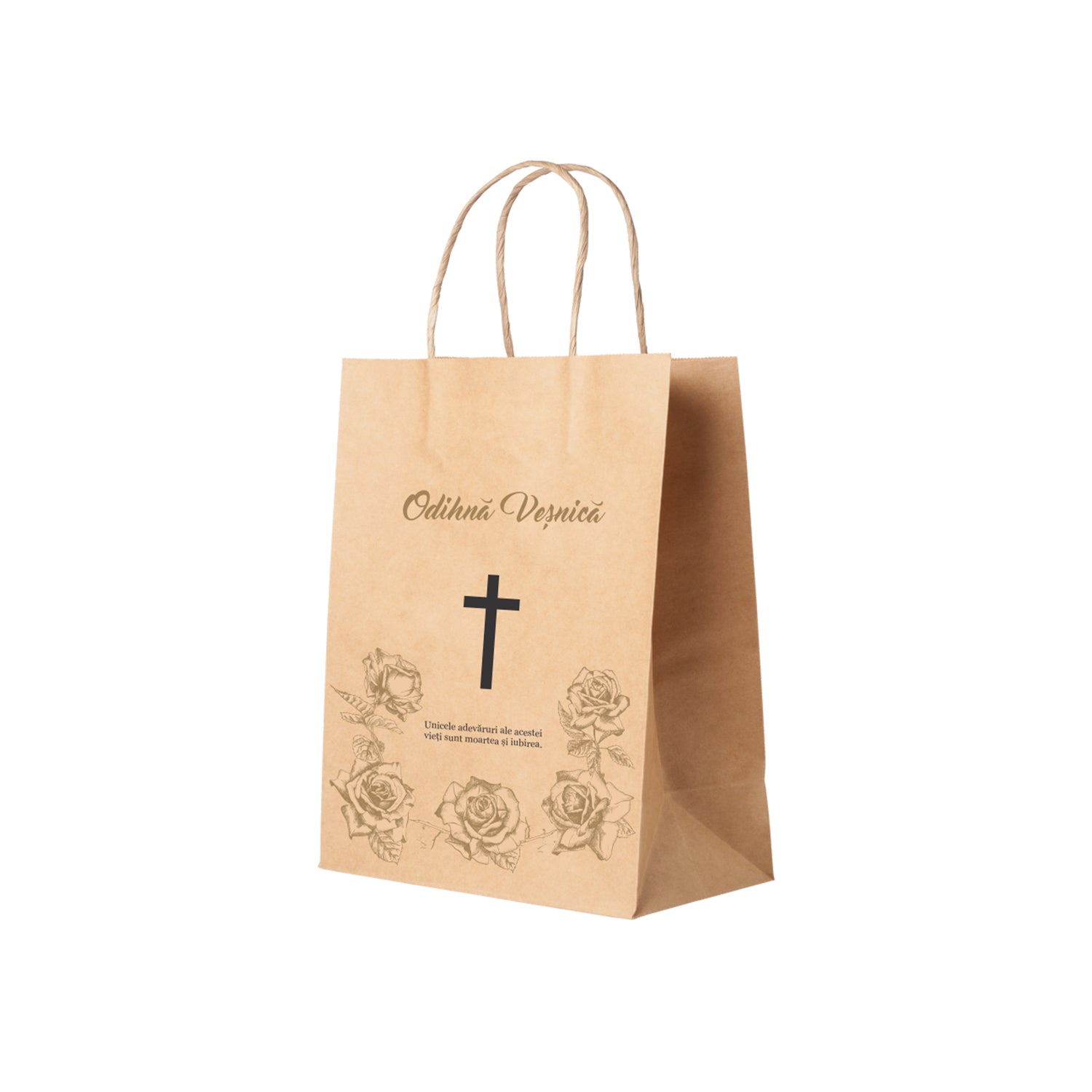 Pungă hârtie kraft NATUR pentru parastas, pomană, înmormântare „Trandafirii Aurii” Odihnă Veşnică – mânere răsucite – 22 x 31(H) x 10 cm