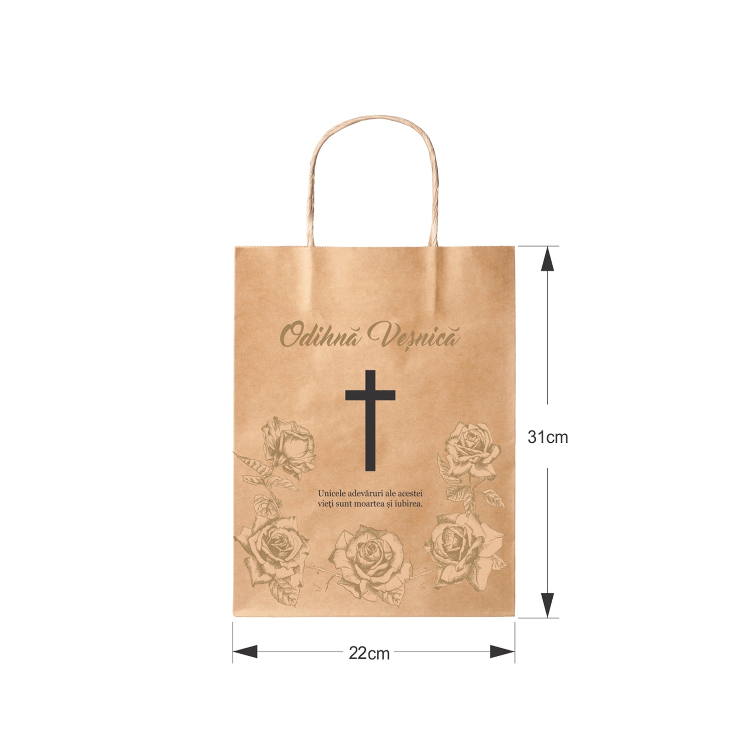 Pungă hârtie kraft NATUR pentru parastas, pomană, înmormântare „Trandafirii Aurii” Odihnă Veşnică – mânere răsucite – 22 x 31(H) x 10 cm