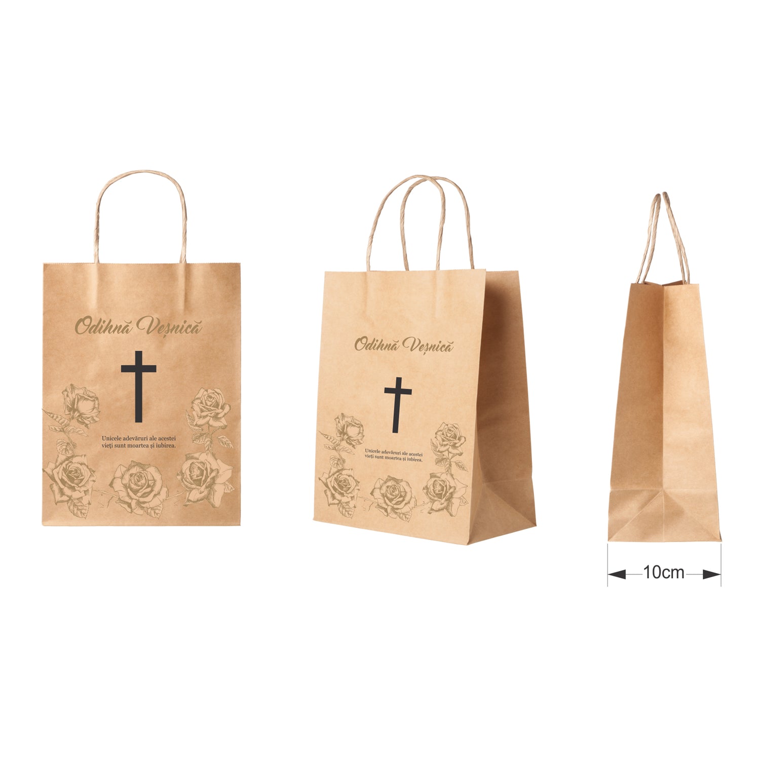 Pungă hârtie kraft NATUR pentru parastas, pomană, înmormântare „Trandafirii Aurii” Odihnă Veşnică – mânere răsucite – 22 x 31(H) x 10 cm