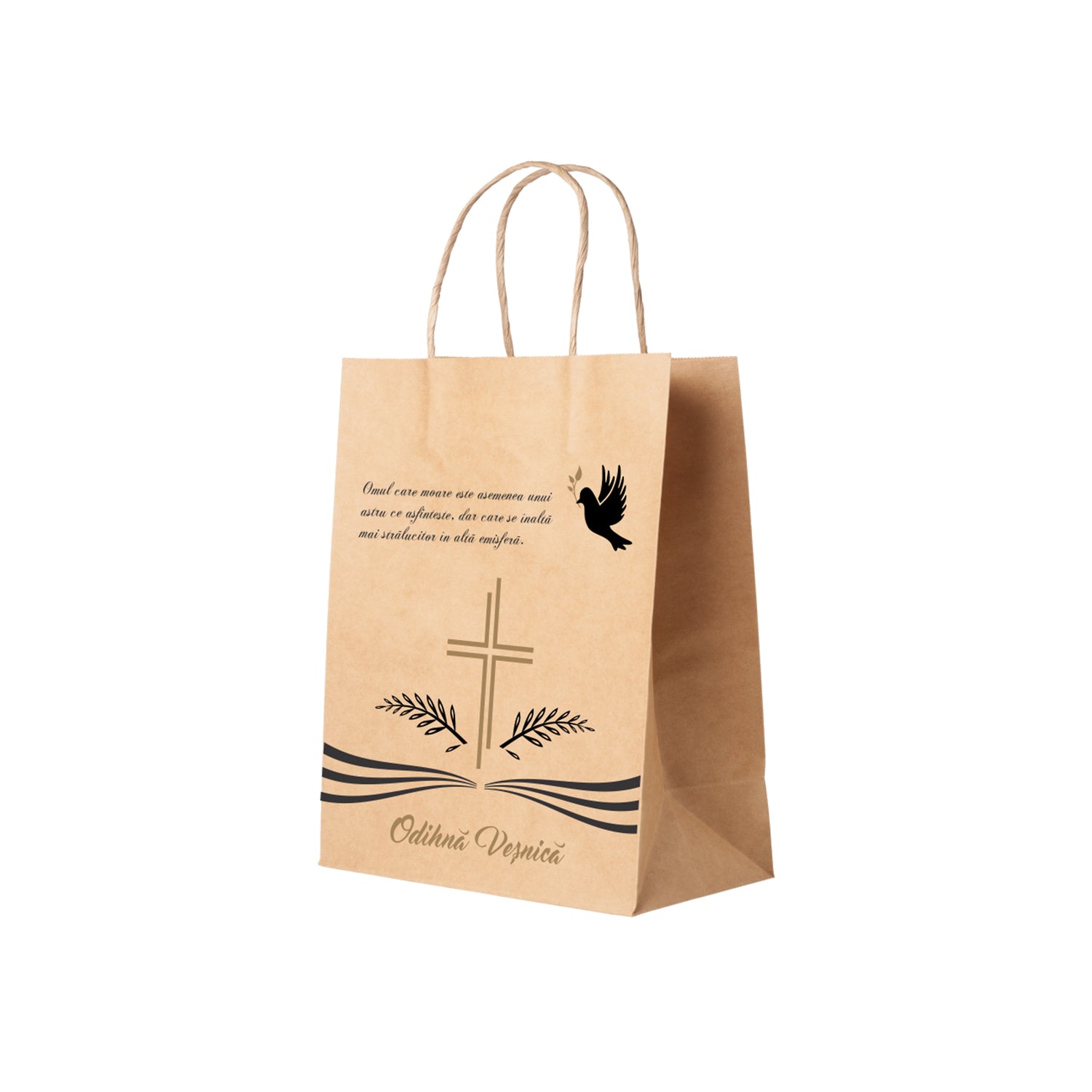 Pungă hârtie kraft NATUR pentru parastas, pomană, înmormântare „Porumbel Ceresc” Odihnă Veşnică – mânere răsucite – 22 x 31(H) x 10 cm