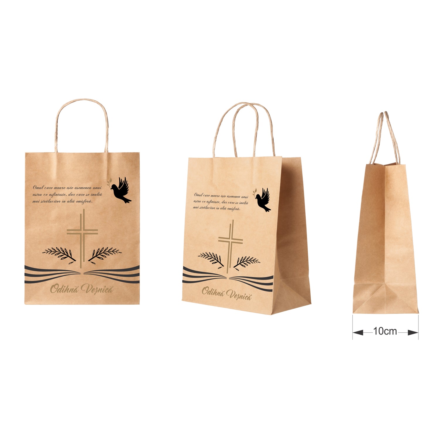 Pungă hârtie kraft NATUR pentru parastas, pomană, înmormântare „Porumbel Ceresc” Odihnă Veşnică – mânere răsucite – 22 x 31(H) x 10 cm