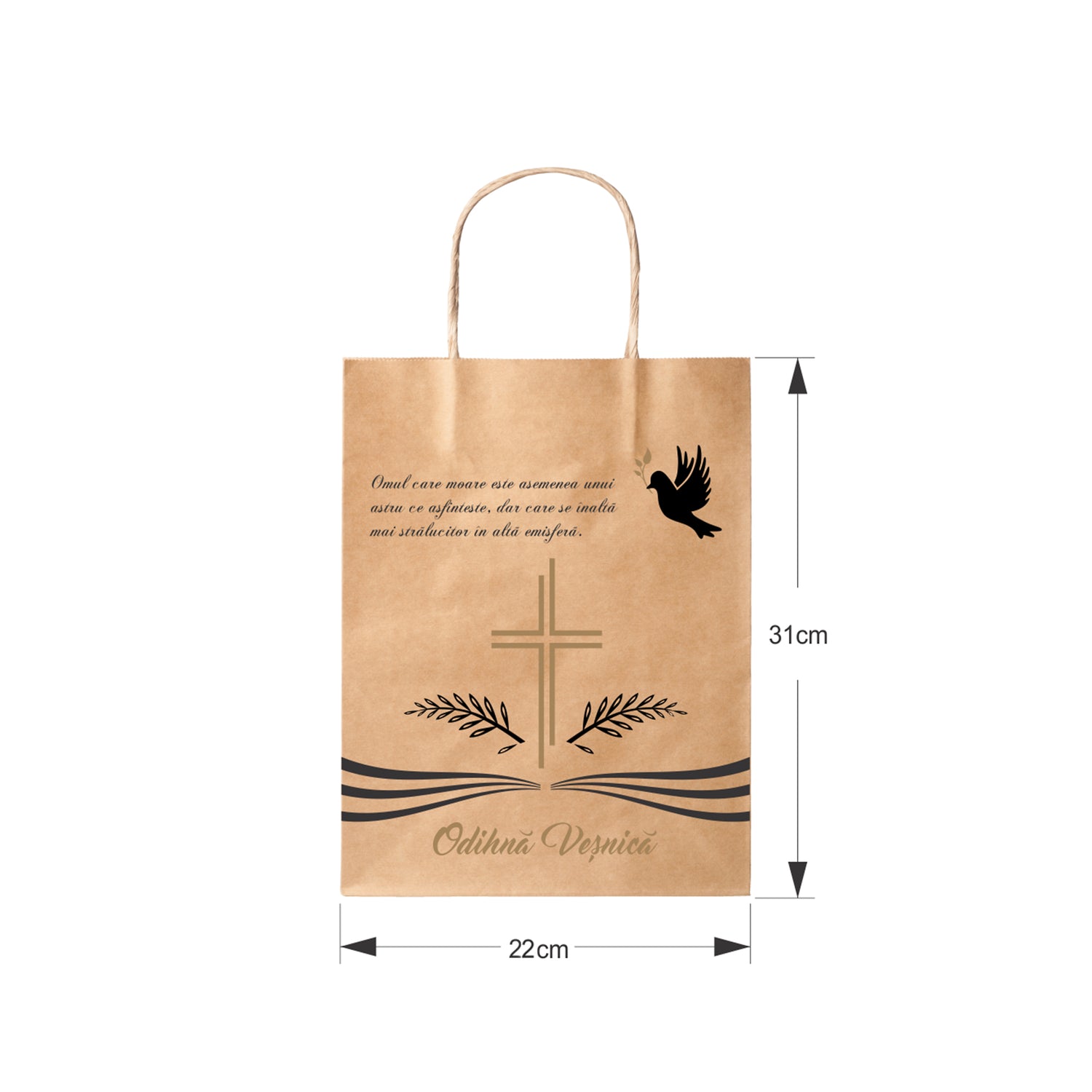 Pungă hârtie kraft NATUR pentru parastas, pomană, înmormântare „Porumbel Ceresc” Odihnă Veşnică – mânere răsucite – 22 x 31(H) x 10 cm