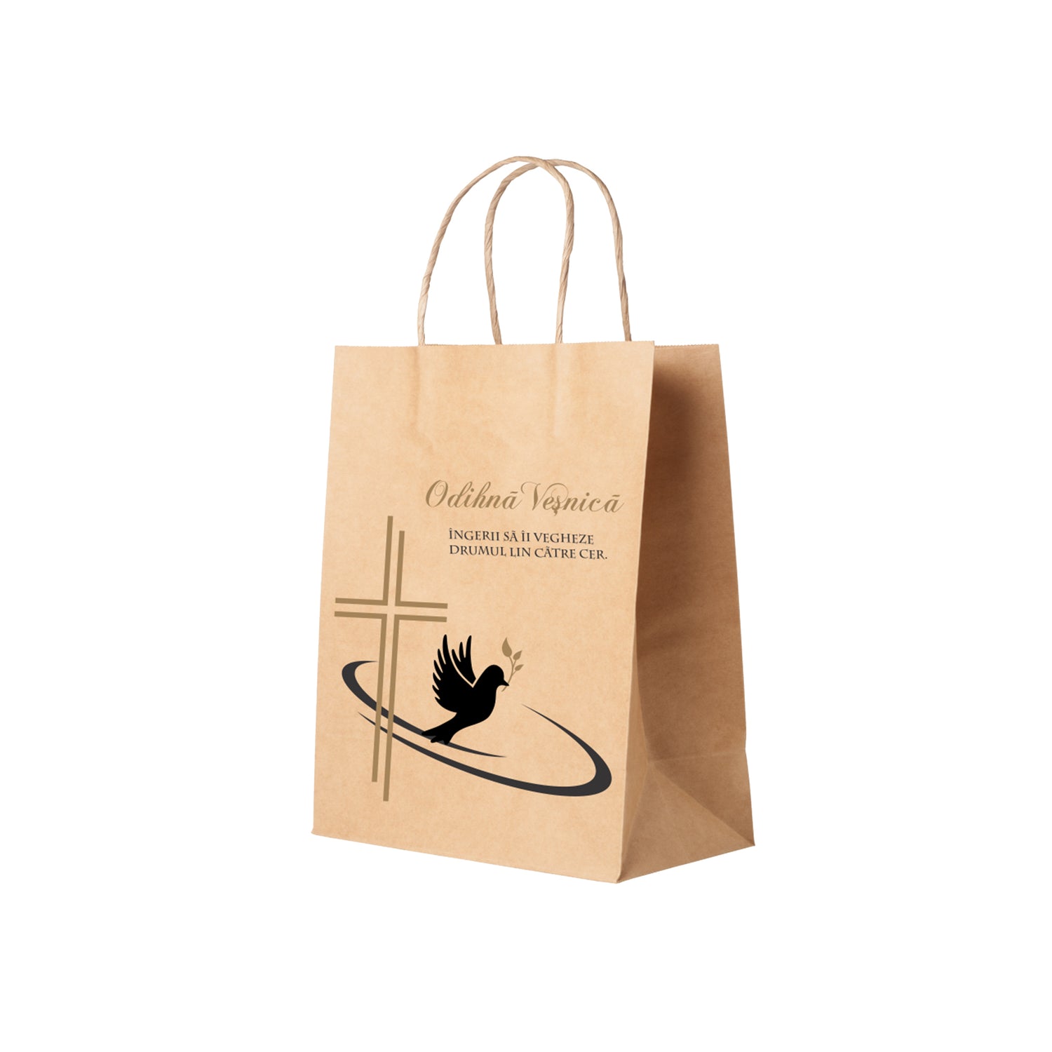 Pungă hârtie kraft NATUR pentru parastas, pomană, înmormântare „Drumul Spre Cer” Odihnă Veşnică – mânere răsucite – 22 x 31(H) x 10 cm