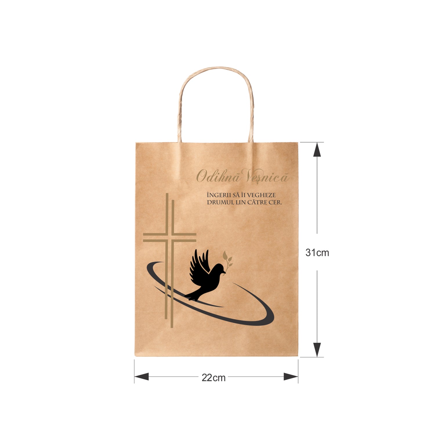 Pungă hârtie kraft NATUR pentru parastas, pomană, înmormântare „Drumul Spre Cer” Odihnă Veşnică – mânere răsucite – 22 x 31(H) x 10 cm