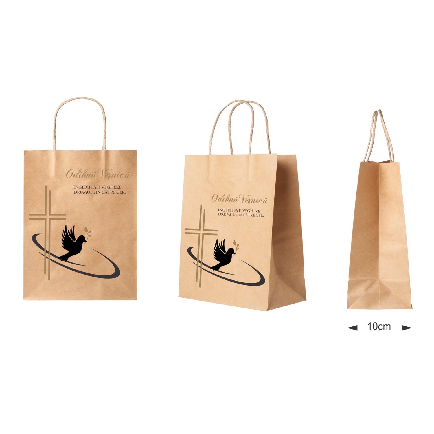 Pungă hârtie kraft NATUR pentru parastas, pomană, înmormântare „Drumul Spre Cer” Odihnă Veşnică – mânere răsucite – 22 x 31(H) x 10 cm