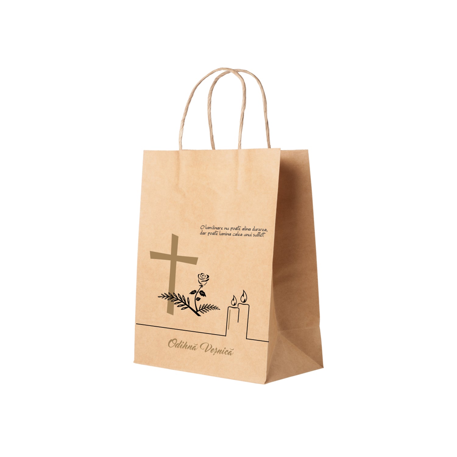 Pungă hârtie kraft NATUR pentru parastas, pomană, înmormântare „Lumânare şi Trandafir” Odihnă Veşnică – mânere răsucite – 22 x 31(H) x 10 cm