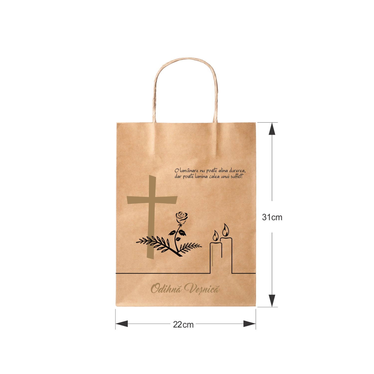 Pungă hârtie kraft NATUR pentru parastas, pomană, înmormântare „Lumânare şi Trandafir” Odihnă Veşnică – mânere răsucite – 22 x 31(H) x 10 cm
