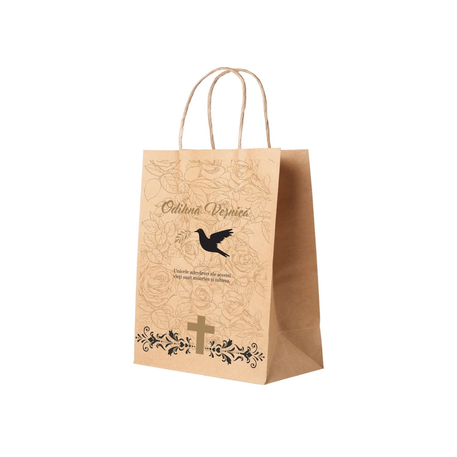 Pungă hârtie kraft NATUR pentru parastas, pomană, înmormântare „Porumbel cu Trandafiri” Odihnă Veşnică – mânere răsucite – 22 x 31(H) x 10 cm
